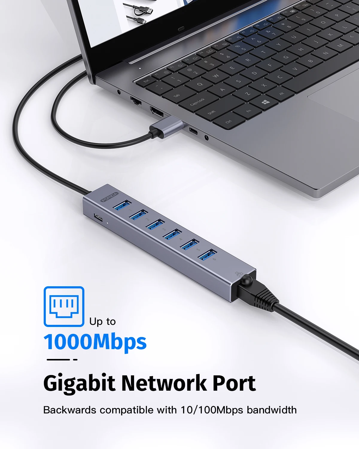Forida USB 3.0 Hub 8-in-1 USB to Network HUB with 6 USB 3.0 Data Transmission Gigabit Ethernet Port and 5V/3A Power Adapter Hub