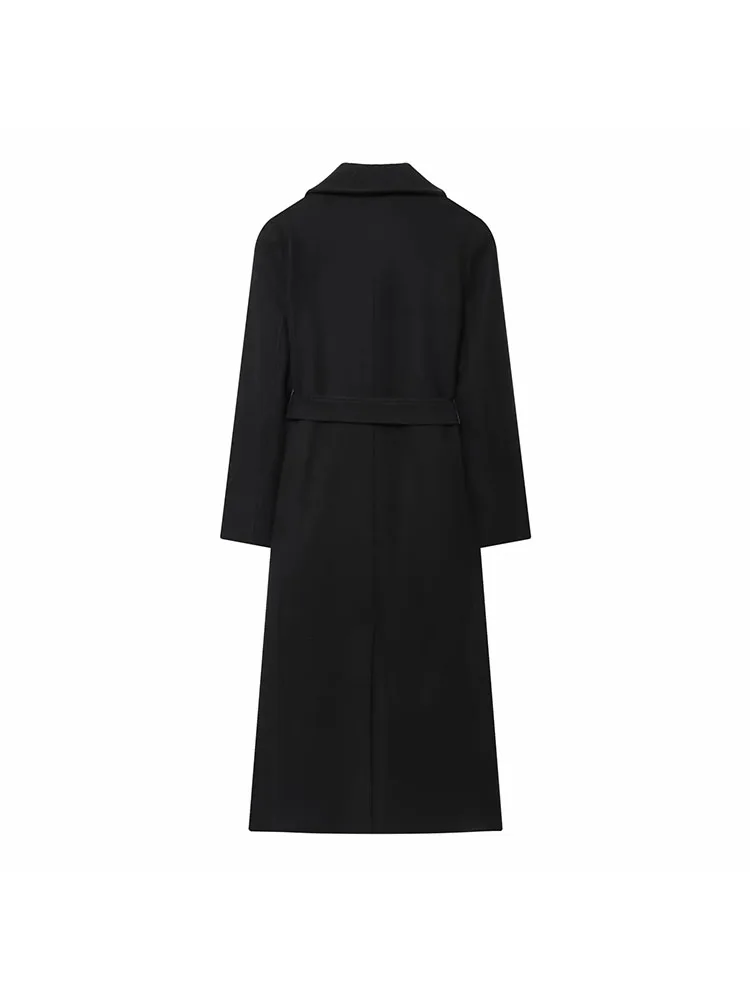 2025 moda mujer con cinturón negro estilo largo abrigo suelto de mezcla de lana Retro manga larga bolsillo abrigo de mujer Top elegante
