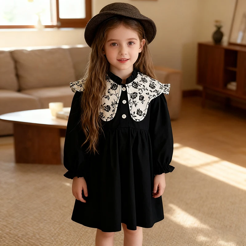 2026 Spring 2-6Yrs Girl Party Princess Dress New Long Sleeved Children Retro Kids Cotton Dress European American Style Clothes