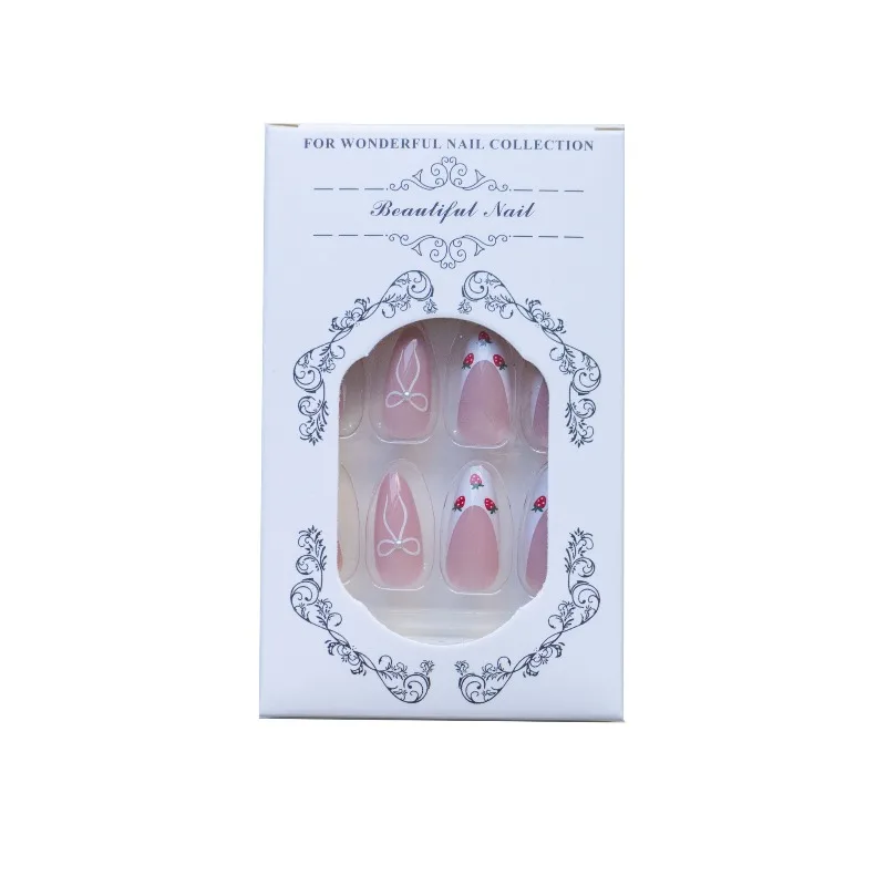 24 Uds uñas postizas acrílicas uñas adhesivas medianas lindas almendra extraíble Primavera Verano blanco francés prensa media en uñas con dijes