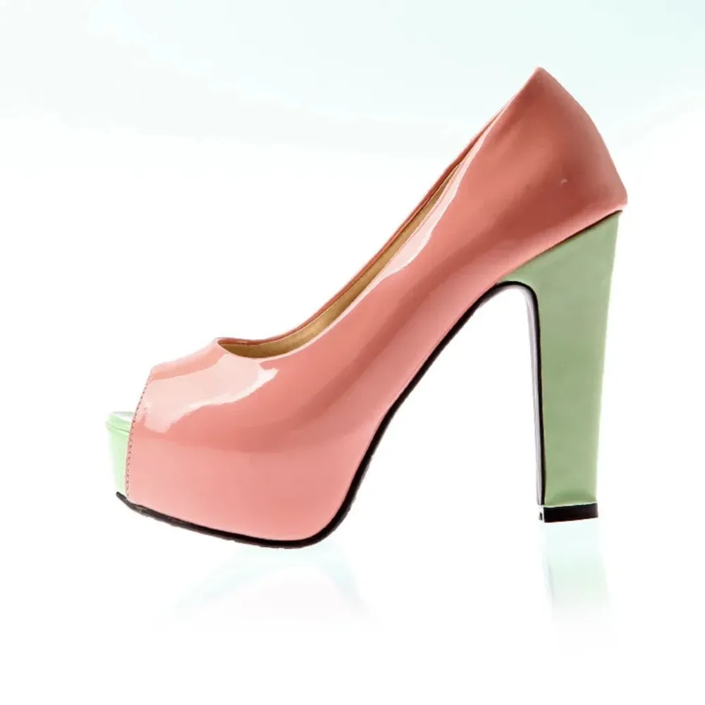 High Heels Sandals Women Sweet Fashion Patent Leather Peep Toe White Pink Green Pumps Party Wedding Platfrom Sandals  T8607