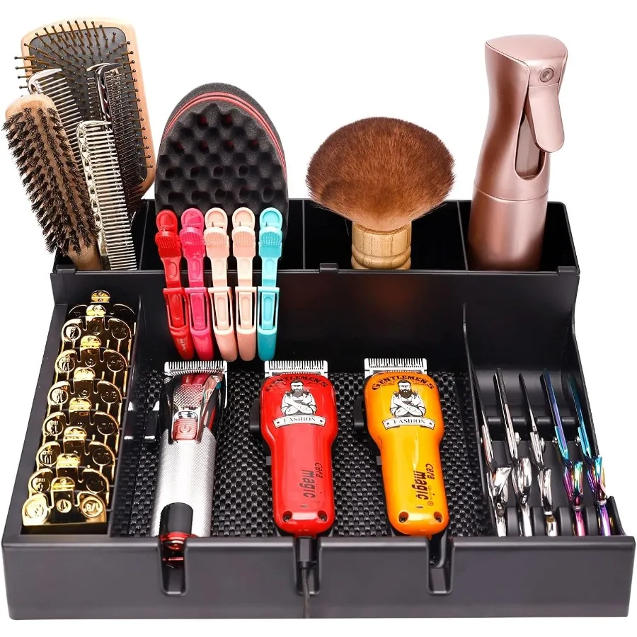 

Barber Clipper Organizer Salon Tools Tray with Blade Rack Storage Holder for Clippers Scissors Guard Accessories Assembled