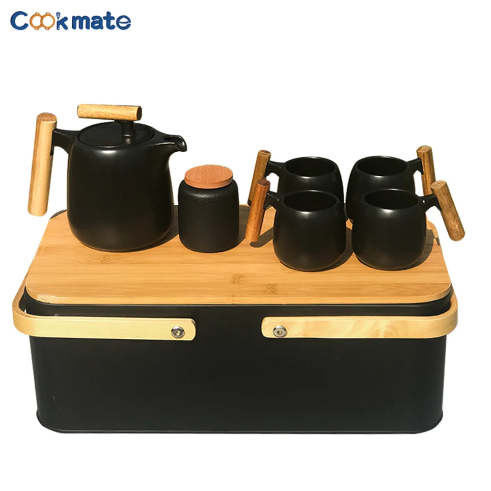 Black CeramicTea Set With 4pcs Cup Tea Pot  Metal Box for Traveling Great For Birthday Festival Tea Gift Set for Tea Lovers