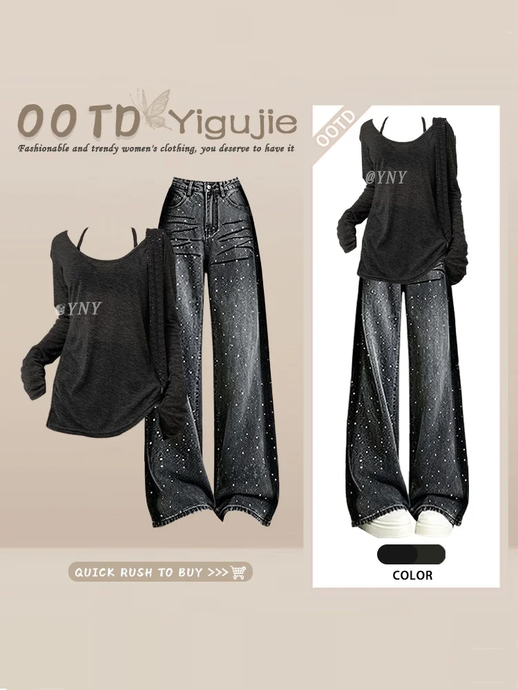 

Korean Style Thin Retro Loose round Neck Summer Long Sleeve Cover up Top Vest Denim Summer Three Piece Set Women's Fashion
