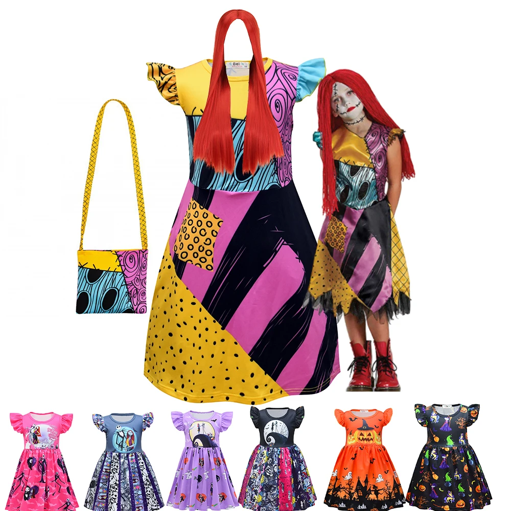 

The Nightmare Before Christmas Costume Girl Halloween Dress Cartoon Pumpkin Movie Sally Cosplay Kid Girls Party Carnival Clothes