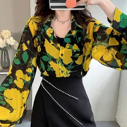 Elegant Fashion Harajuku Slim Fit Female Clothes Loose Casual All Match Tops Women Printed Button POLO Collar Long Sleeve Blusa