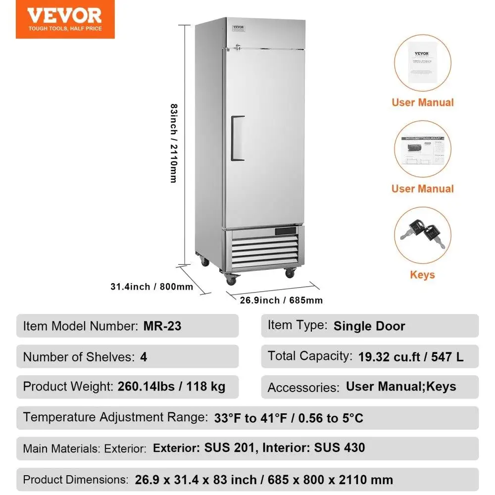 Upright Commercial Refrigerator 19.32 Cu ft Stainless Steel Single Door Auto Defrost with 4 Shelves Temperature Control