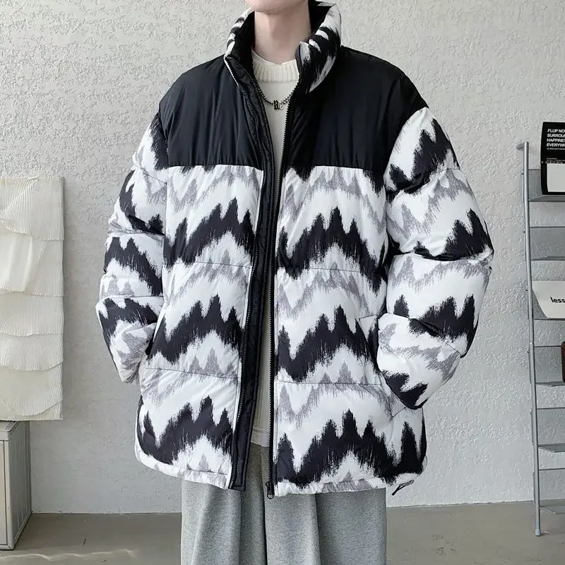 Thick Warm Fashion Stand Collar Outwear Large Size Loose Trendy Printed Outcoat Men High Quality Cotton-Padded Coat Winter Male