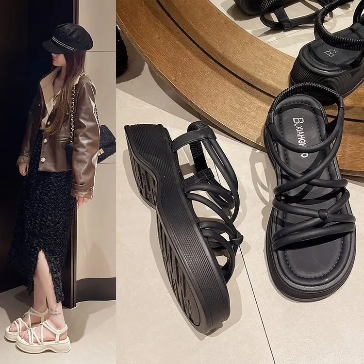 2024 Summer Low Sandals Woman Leather Suit Female Beige Women’s Shoes Clear Heels Low-heeled Retro New Black Gladiator Elastic B