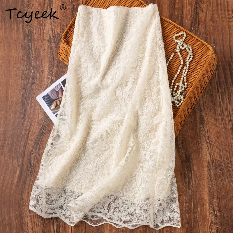 

Tcyeek 100% натуральные шелковые женские длинные юбки 2026 Весна, вышитая трехслойная прямая юбка, женская одежда, Faldones Para Mujer