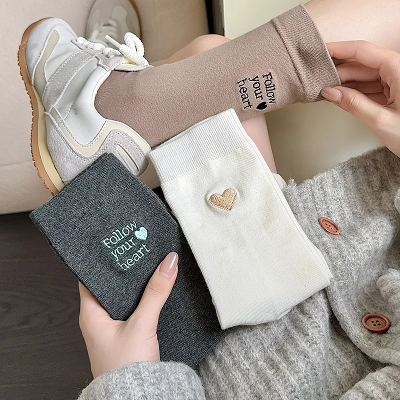 Embroidered Couple Winter Socks With Heart Letter Design High Elasticity Mid-tube Anti-slip Sport Socks