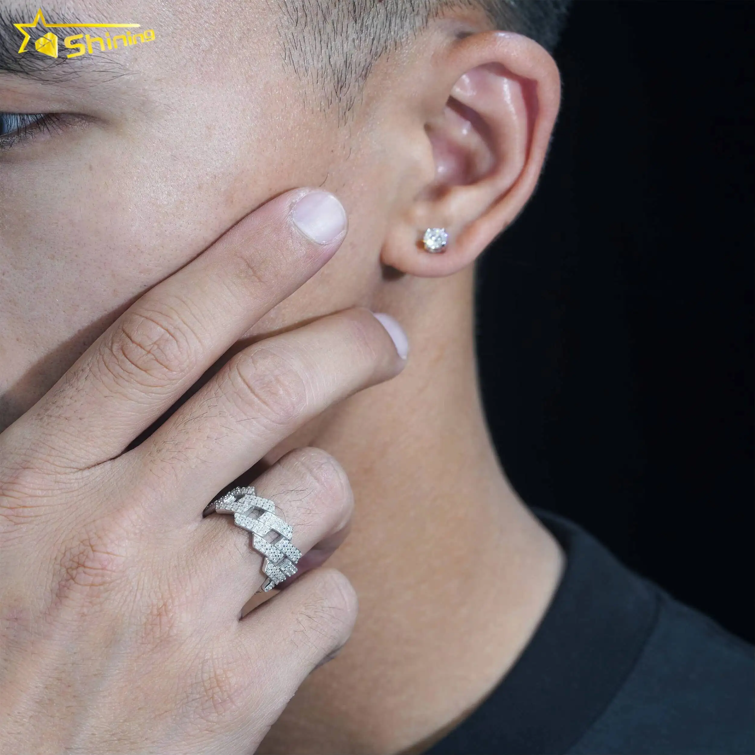 Shining Jewelry Iced Out Hip Hop Cuban Ring Gold Plated 925 Silver VVS Moissanite Diamond Ring Earring Jewelry Set for Men