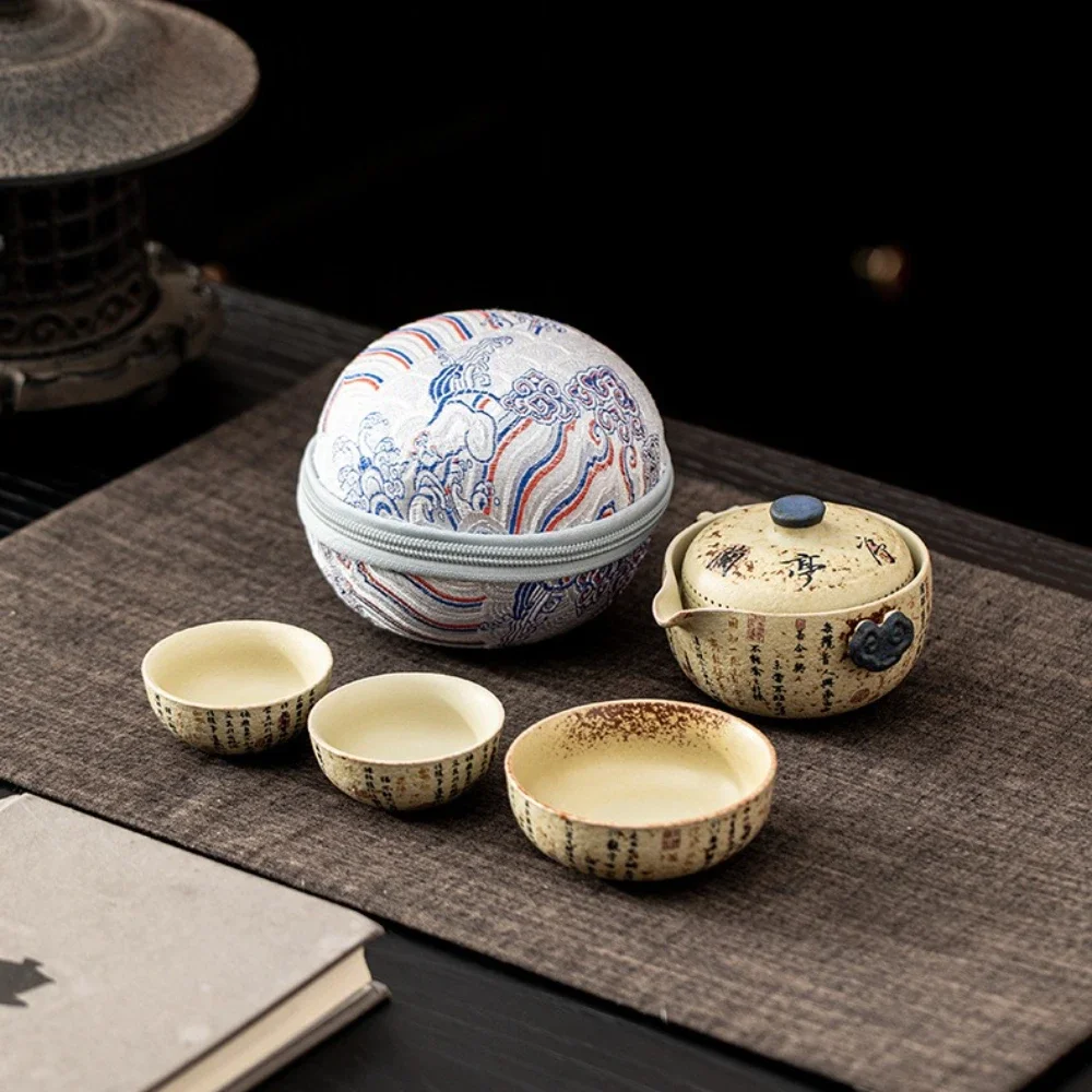 Orchid Pavilion Preface Calligraphy Blue and White Flint Red Travel TeaSet Outdoor Camping Portable 1Pot 3Cup Ceramic ExpressCup