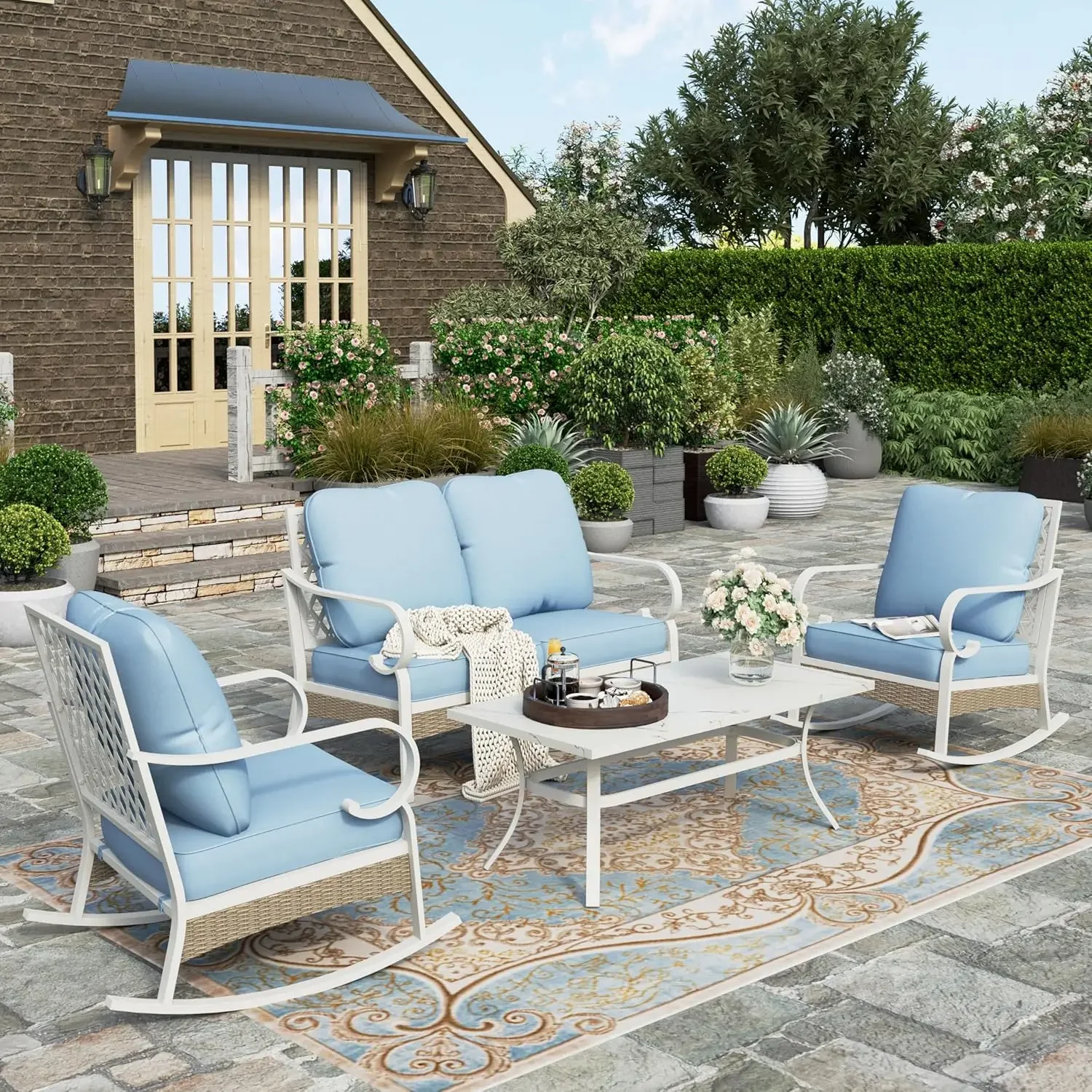 

4 Piece Patio Furniture Set,Lover Sofa with Marbling Coffee Table, All Weather Outdoor Conversation Set for Lawn Garden Backyard