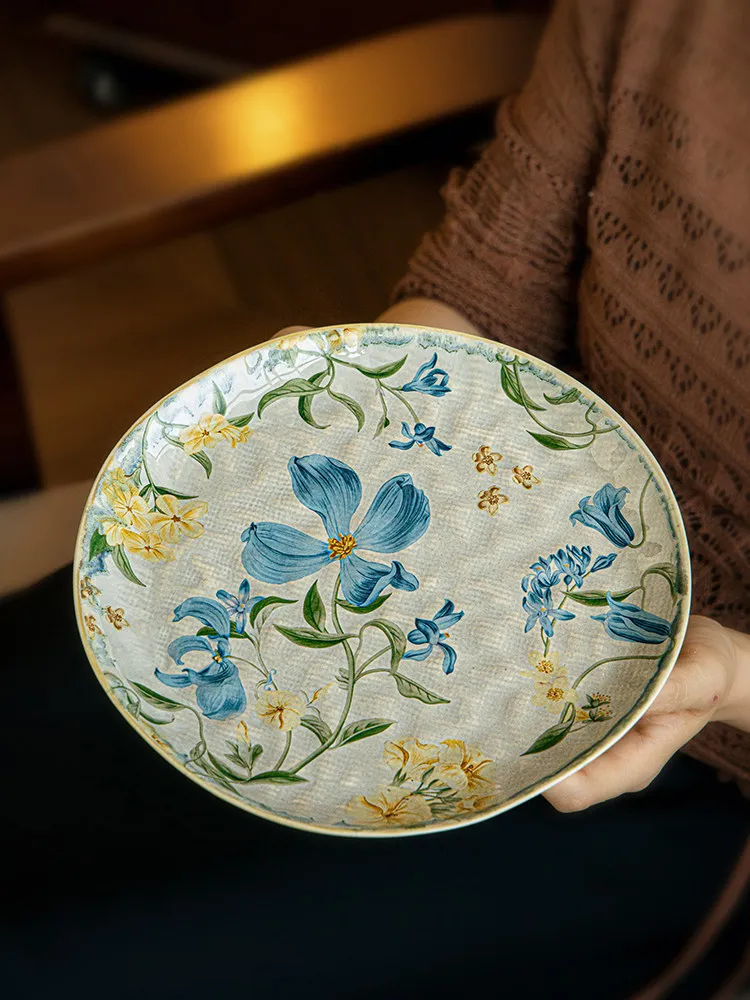Vintage Blue Floral Ceramic Dinner Plate Textured Round Serving Plate Antique Flower Leaf Print Salad Dessert Plate Home Decor