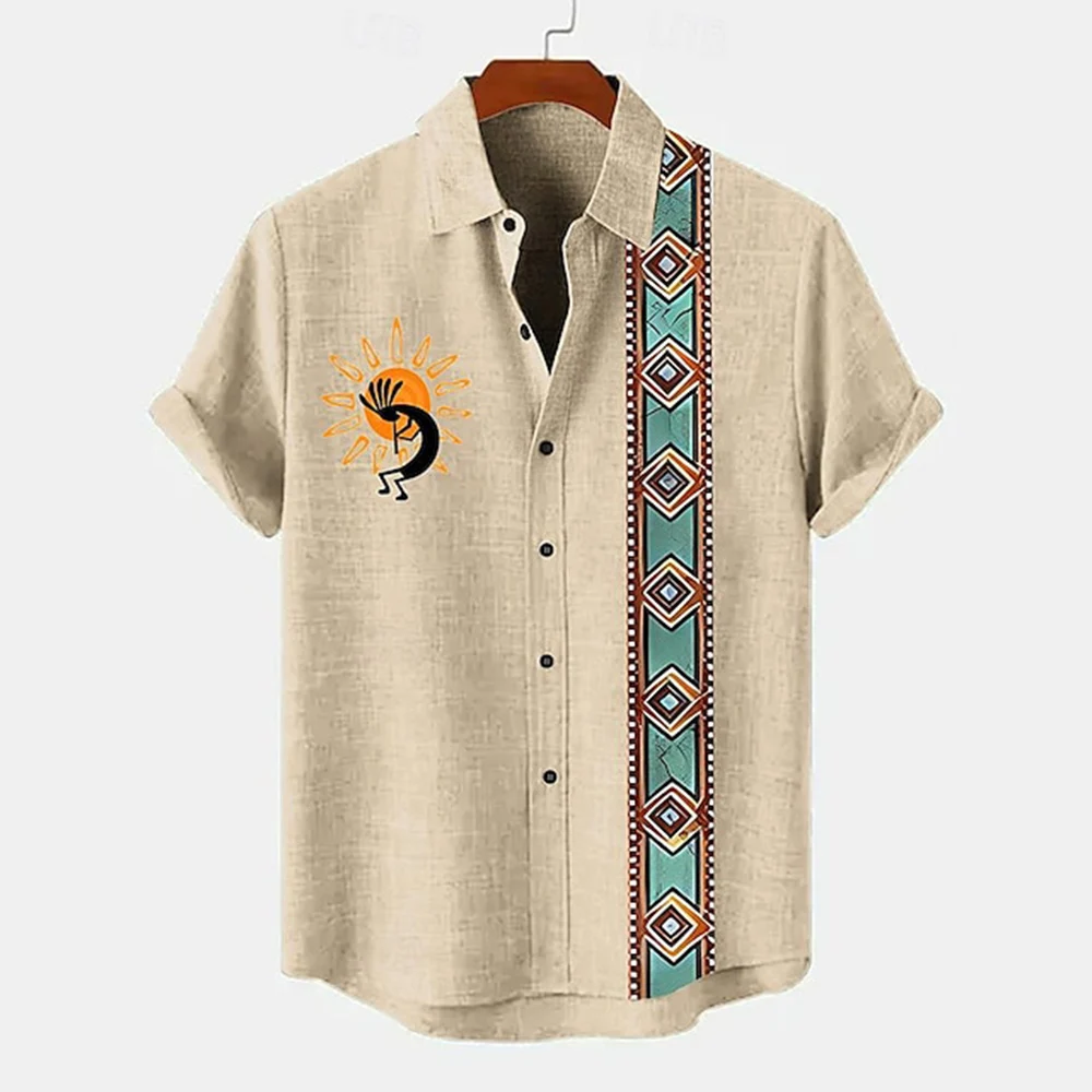 Vintage Men\'s Shirt Ethnic Pattern Print Short Sleeve Lapel Shirts Summer Male Oversized Clothing Fashion Casual Streetwear