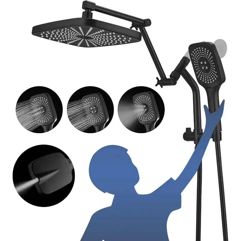 

12-дюймовые душевые насадки высокого давления с дождевой головкой и ручным распылителем (3+1 настройки и встроенным режимом силовой мойки), двойной/двойной Sh