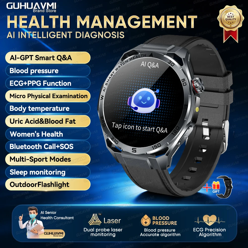 2026 AI Gezondheidsdiagnose ECG+PPG SmartWatch Mannen Bloeddruk Lipiden Urinezuur Hartanalyse 1,53-inch Bluetooth-oproep Smartwatch