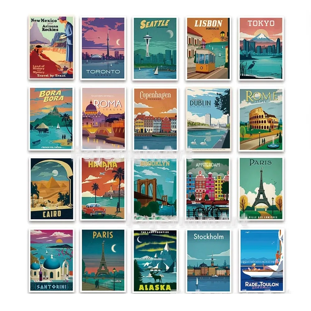 Vintage Famous City Travel Poster Canvas Painting Nature Tourism Rome Toronto Landscape Wall Art Print for Interior Home Deco