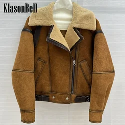 10.9 KlasonBell Women Autumn Winter New Vintage Genuine Leather Spliced Suede Short Jacket Fur Lapel Keep Warm Zipper Coat