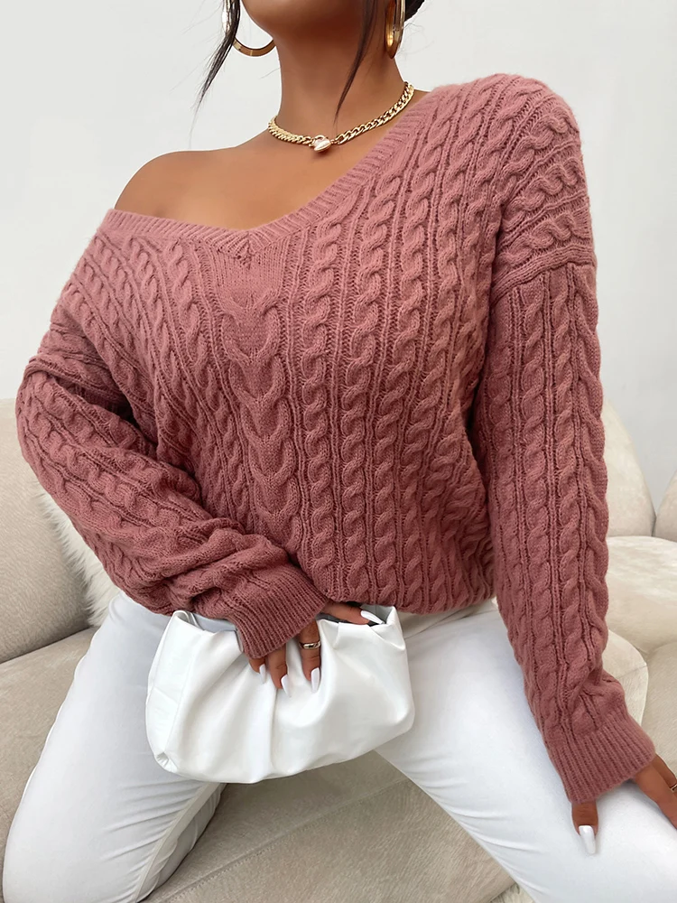 ONELINK Plus Size Women\'s Pullover Sweater Pink Sexy V Neck Cable Knitting Pattern Long Sleeve Stitching Top