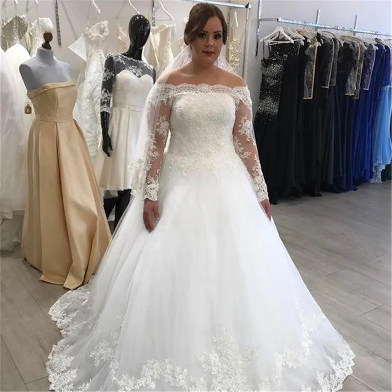 Vestido de novia elegante con apliques de encaje, vestidos de novia de manga larga con hombros descubiertos, vestidos de novia de campo