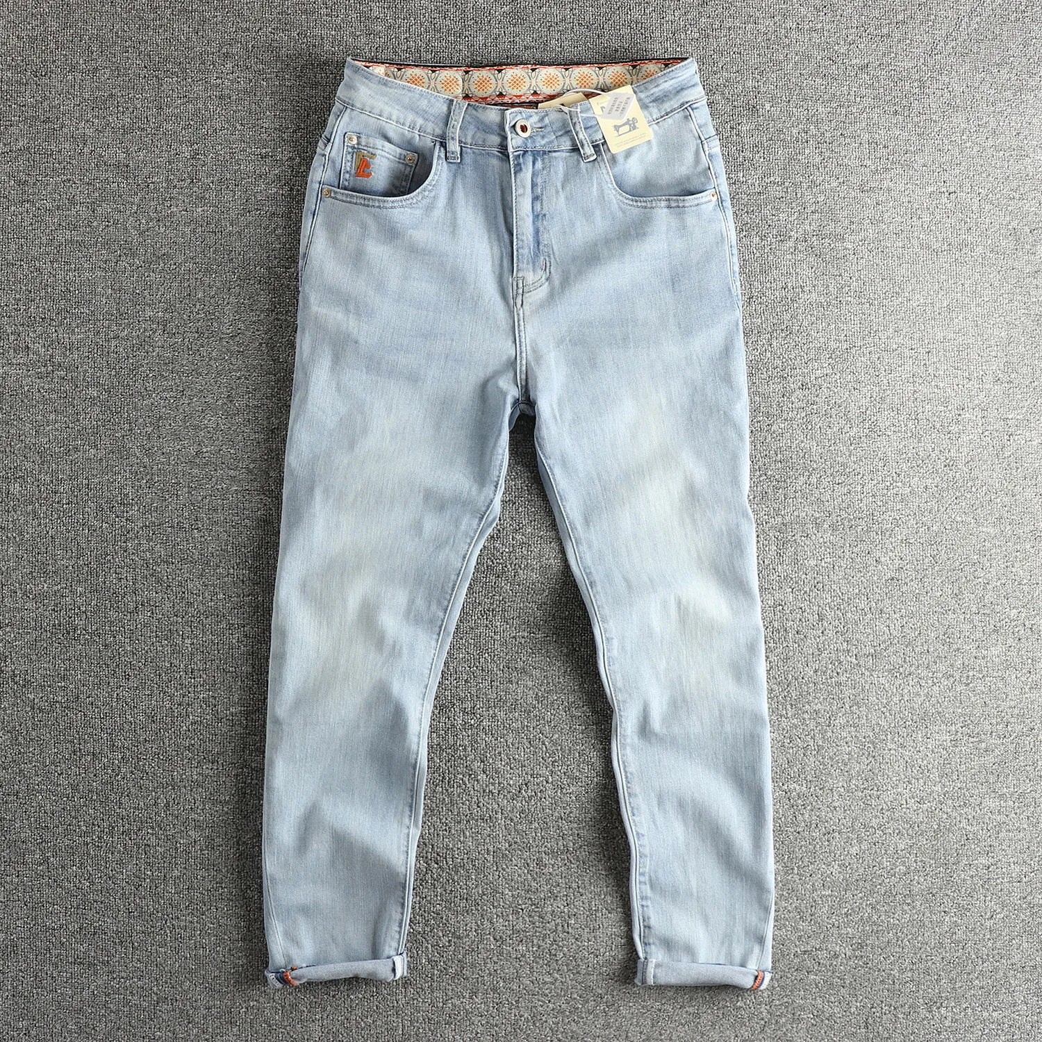 

Men's Slim Fit Light Blue Washed Retro Jeans Vintage Faded American Style Skinny Tapered Pants Trendy Youth Stretch Trousers