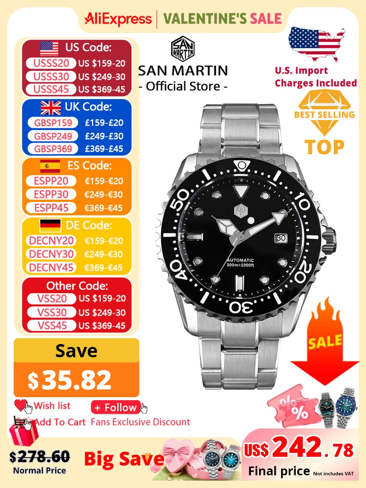 

Новые мужские дайверские часы San Martin 40-44 мм класса люкс, классические, высококачественные, с автоматическим механизмом NH35 YN55, сапфировым стеклом, BGW-X1, водонепроницаемость 20 бар, SN0009