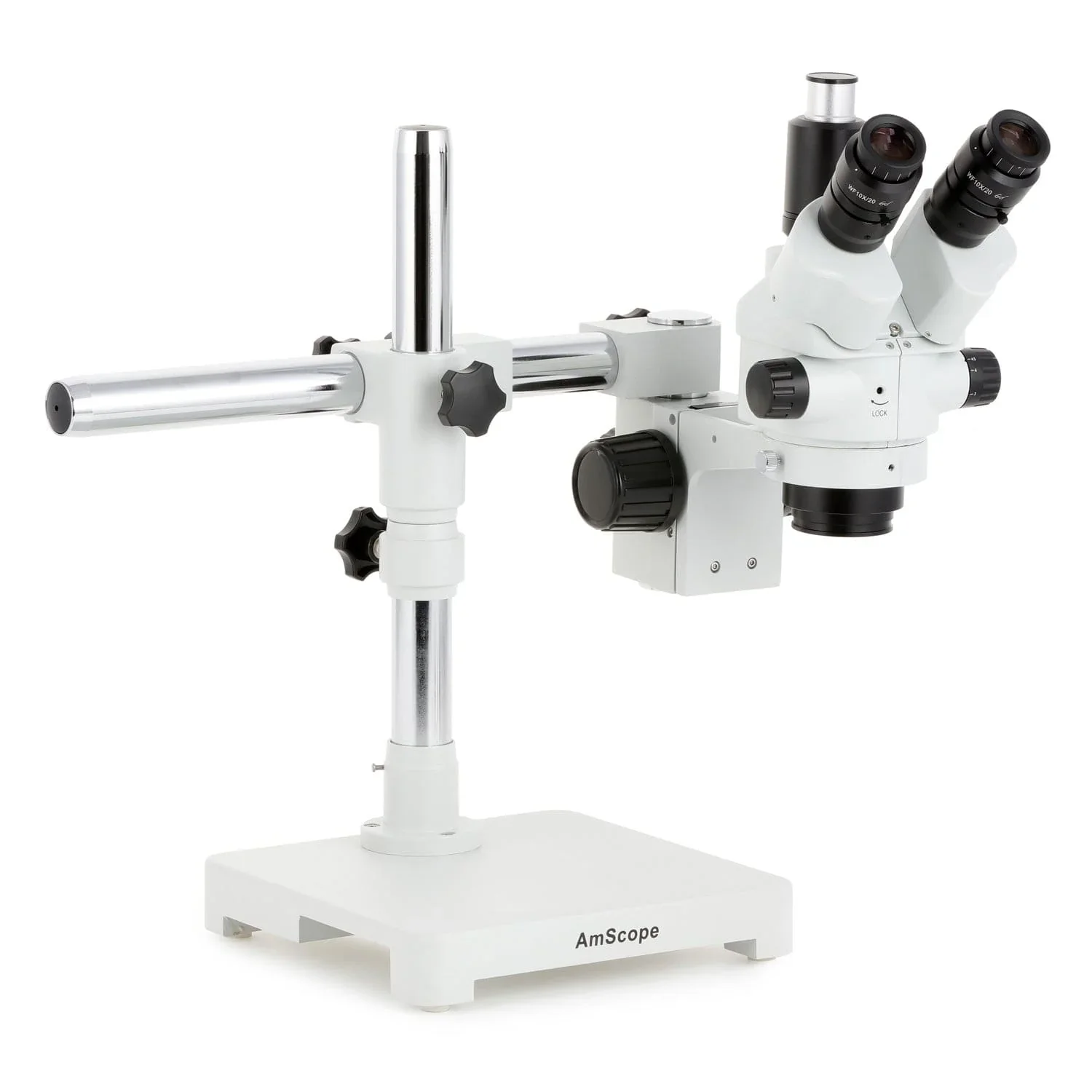 AmScope Simul-Focal Lockable Zoom Trinocular Stereo Microscope 7X-45X Magnification on Single Arm Boom Stand or in black