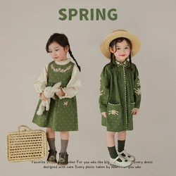 2023 New Autumn Girls' Embroidered Polo Collar Fragmented Flower Dress Children's Contrast Edge Embroidered Tank Top Skirt Trend