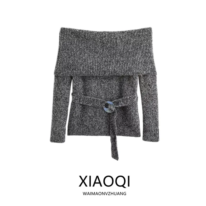 

Autumn Winter New Women's Design Sense Match Waist Belt oulder Exposure Knitted irt Versatile Long Sve One-oulder Sle