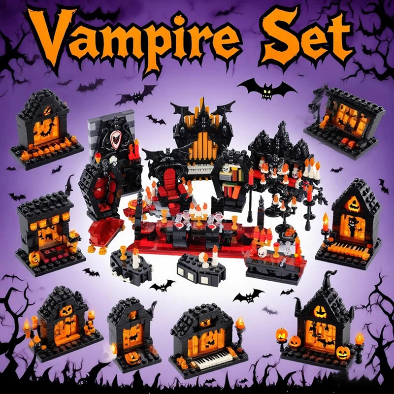 MOC Medieval Castle Witch Hut Building Blocks Halloween Vampire Throne Skeleton Candle Furniture Soldier Figures Bricks Toy Gift