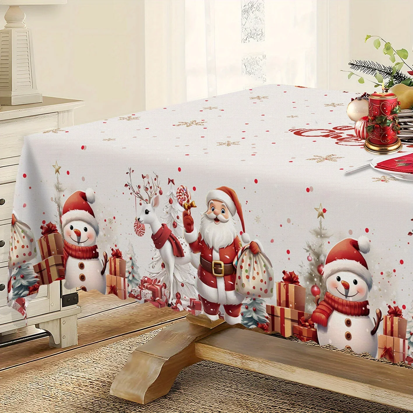 Christmas Happy Tablecloth, modern holiday snowman, reindeer and Santa Claus design, perfect for Christmasxzj