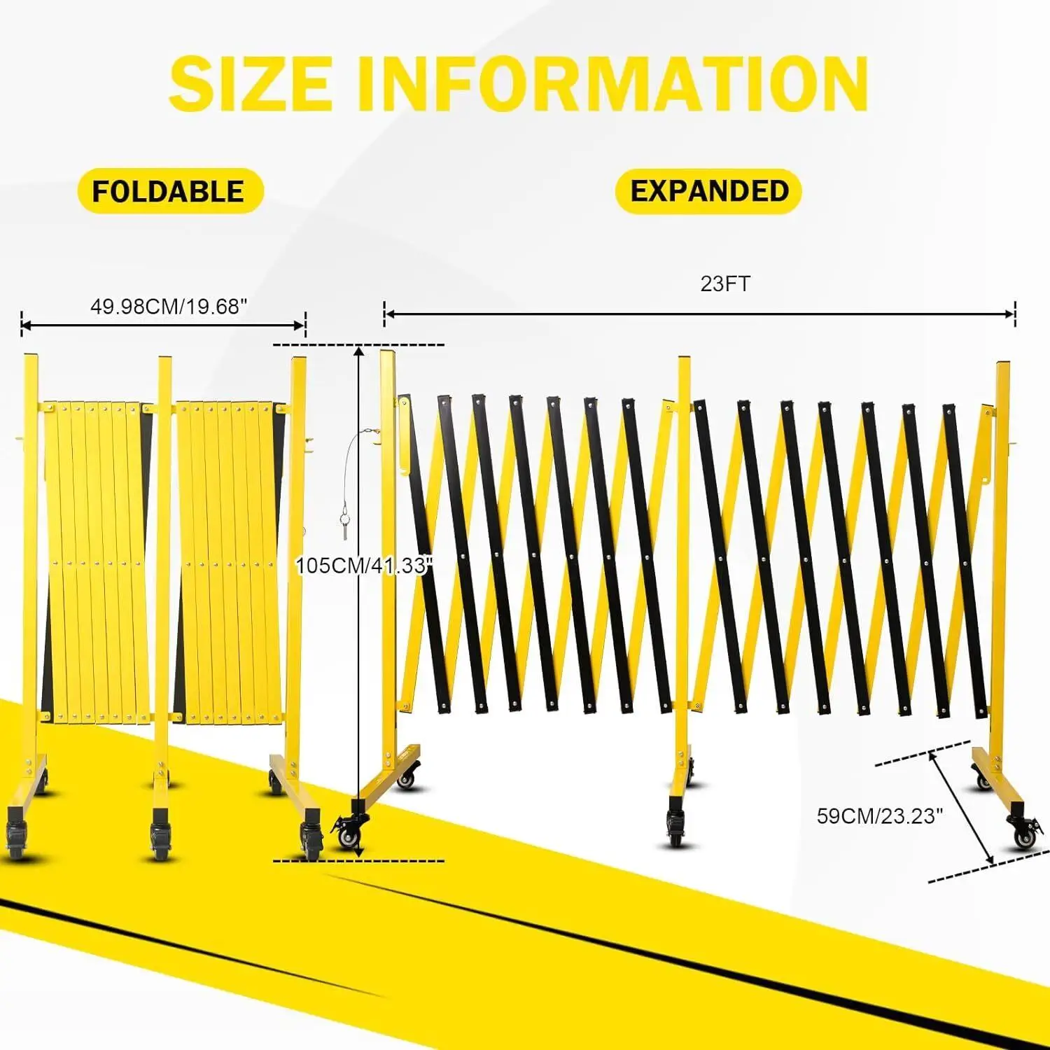 23FT Metal Expandable Barricade with Casters - Portable Retractable Security Gate for Traffic Control & for construction Areas