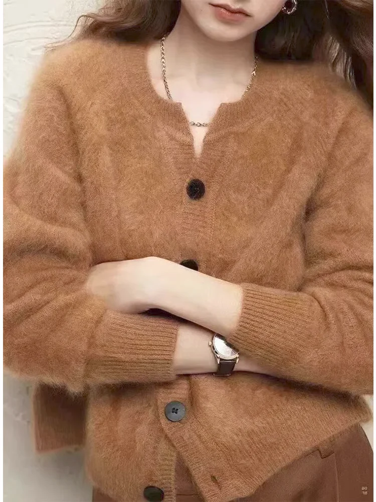 NEW Mink Cashmere Cardigan Round Neck Knit For Women Fluffy Angora Sweater Winter Oversize Top Coat Free Shipping W289