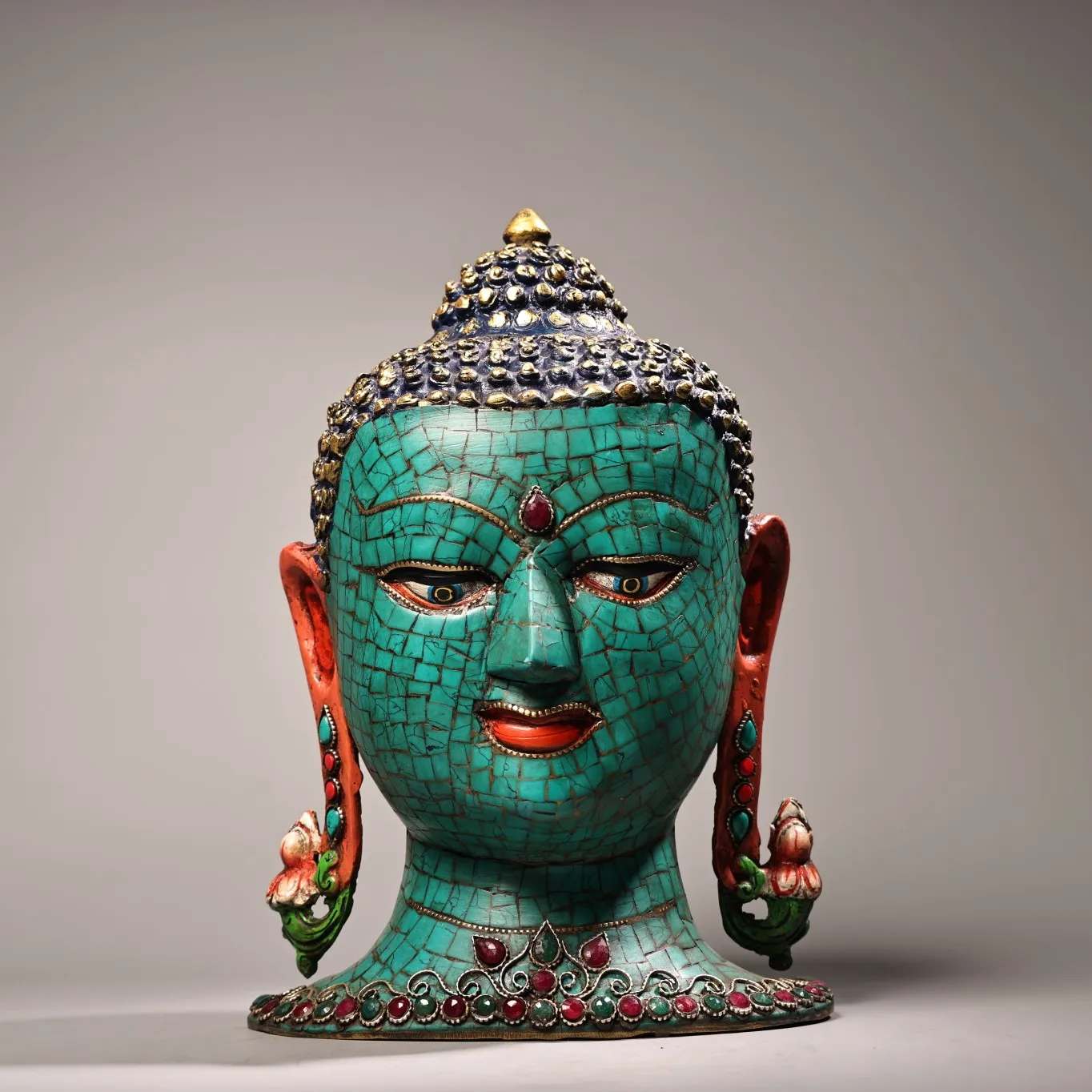 

11"Xizang Folk Bronze Outline in gold Mosaic Gem Turquoise Sakyamuni Buddha Head Amitabha Worship Hall Town House