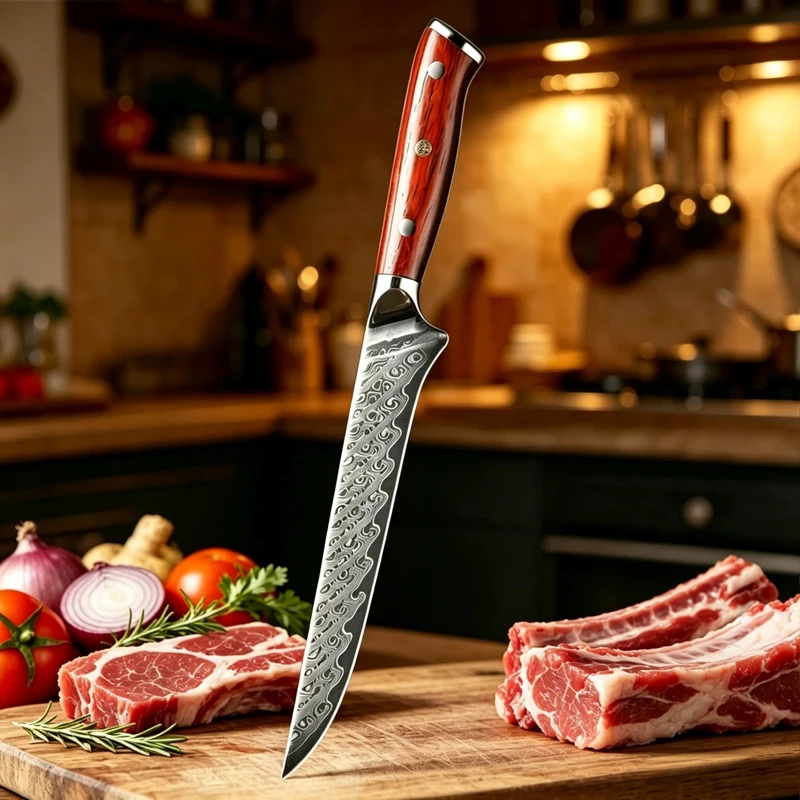 67‑Layer VG10 Damascus Steel Boning Knife, Real Forged Ultra‑Sharp Kitchen Knife Ergonomic Wood Handle for Beef Pork & Fish