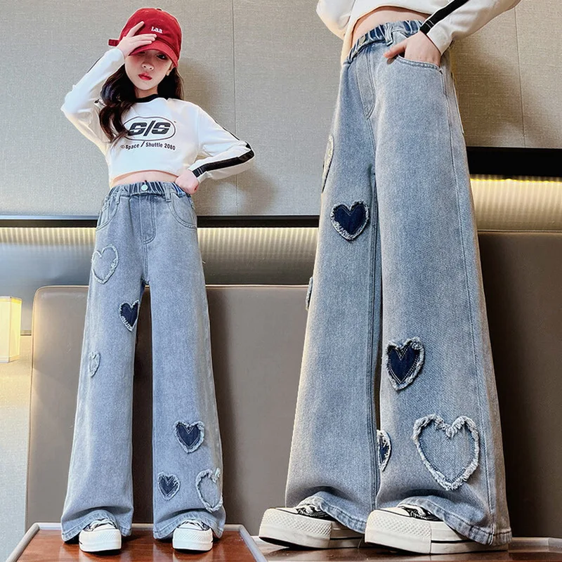Girls Denim Wide Leg Pants with Heart Design Big Flare Pants Loose Jeans For Girls Casual Children Spring Children's Clothes