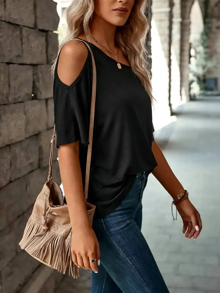 Women's Black Off Shoulder T-Shirt Asymmetrical Neck Batwing Short Sleeve Loose Fit Casual Spring Summer  Daily Commuting Top image 5