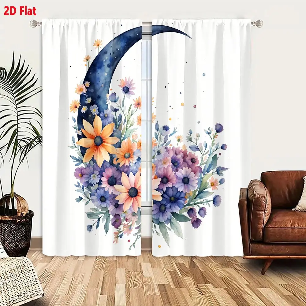 2Pcs Curtains 2D Flat Watercolor Illustration Dark Blue Crescent Moon With Star Specks Surrounded By Vibrant Flowers Orange Bloo