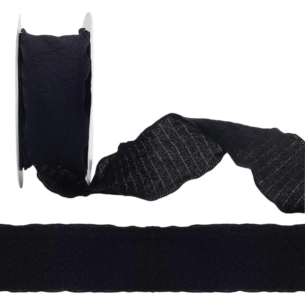 

10 Yards 5/8 Inch Black Ruffled Ribbon Trim Double Chiffon Polyester Silk Ruffle Edge Grosgrain Fabric with Spool for Gift