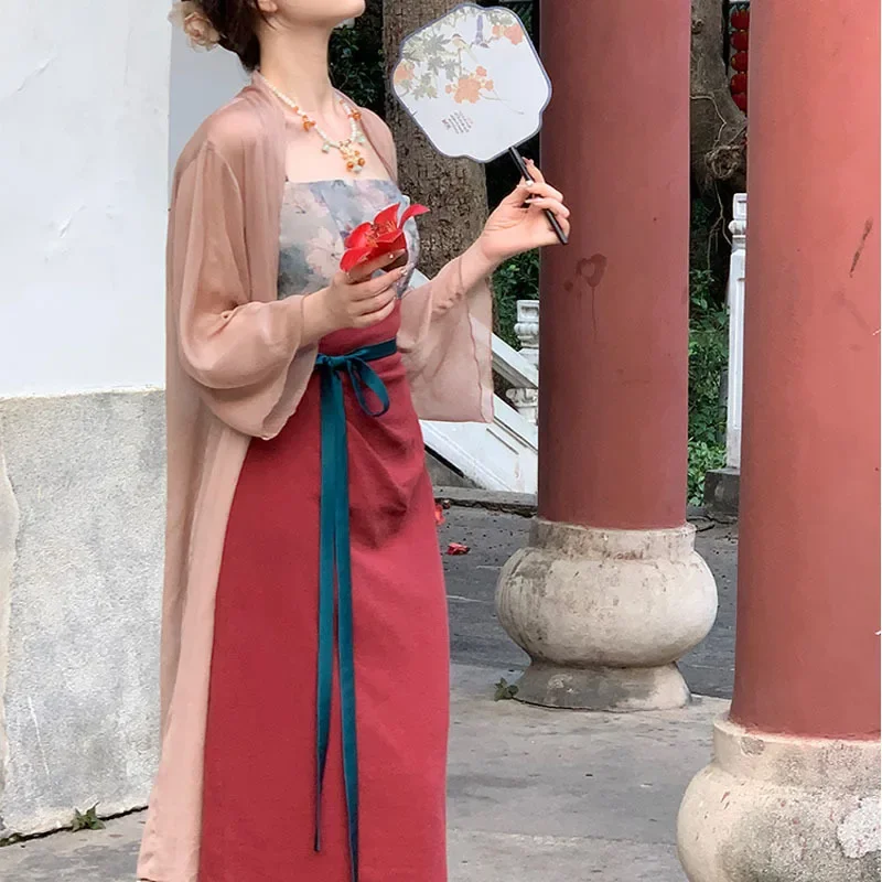 Red Qipao Set Elegant Women Hanfu Clothes Improved Chinese Style Dresses Cami Zen Cheongsams Mesh Cardigan Robe Print Vestidos