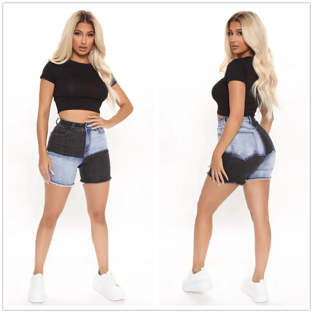 

2024 Summer New High Waist Black Blue Patchwork Denim Shorts For Women Fashion High Stretch Skinny Slim Jeans Shorts XS-2XL