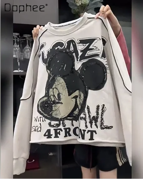 

2025 Autumn New Heavy Sequin Print Cartoon Crew Neck Sweatshirt for Women Loose Casual Style Versatile Top Kawaii Clothes