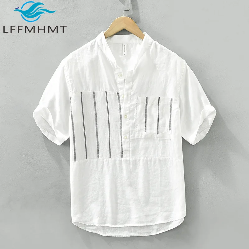 

Мужская рубашка из 100% льна в японском стиле с полосатыми вставками и воротником-стойкой, повседневная, простая, с коротким рукавом, свободного кроя, дышащая, модель 3706