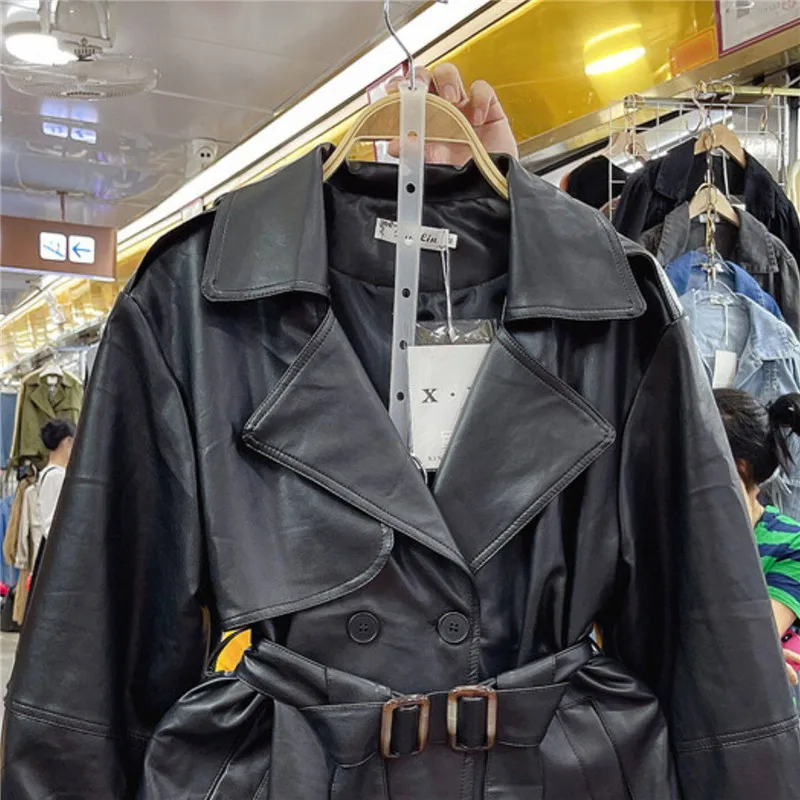 Spring Women Mid-Length Black Faux Pu Leather Trench Coat With Belt Lapel Double-Breasted Long Sleeve Imitation Leather Jacket