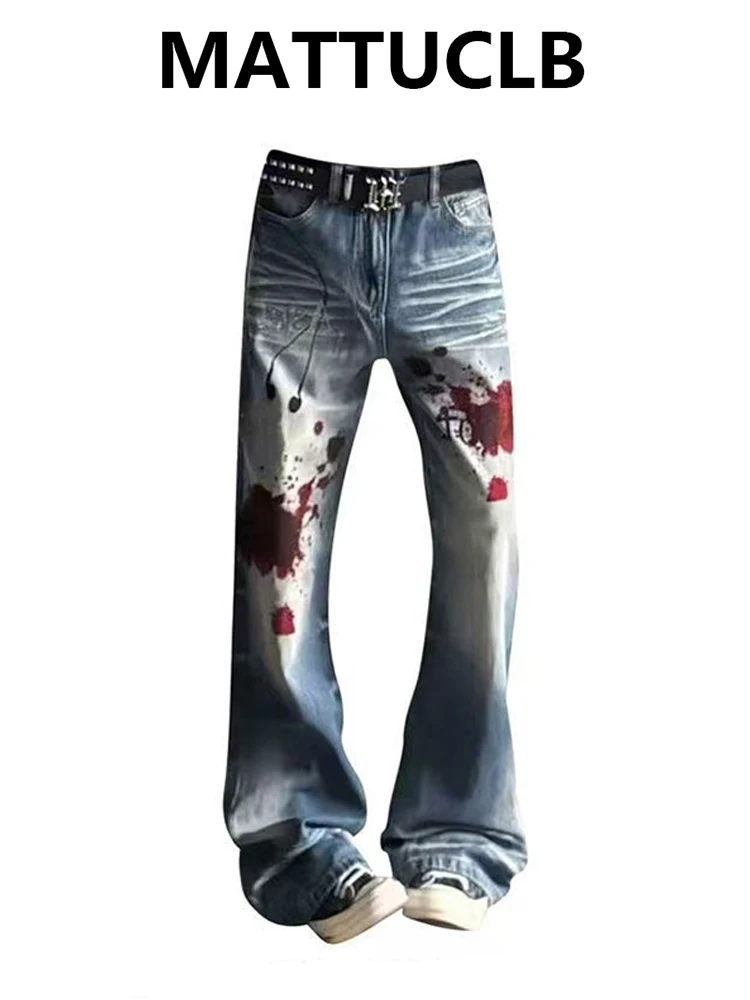 Women's Baggy Jean Print Gothic Denim Pants Goblin Core Y2K Japanese Harajuku Jeans 2000s American Retro Punk Tide High Street