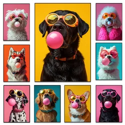 Fashion Dogs Wearing Glasses Blowing Bubblegum Yorkshire Golden Retriever Poster Canvas Painting Wall Art Pictures Home Decor