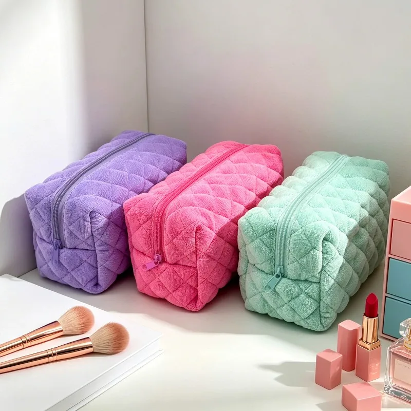 Color Quilt Fluffy Makeup Organizer Bag for Women Female Multifunctional Portable Wash Toiletry Storage Pouch