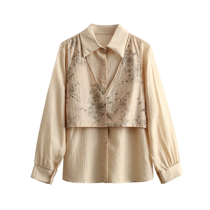 Elegant Fashion Harajuku Slim Fit Female Clothes Loose Casual All Match Tops Polo Neck Button Long Sleeve Blusa Fake Two Pieces